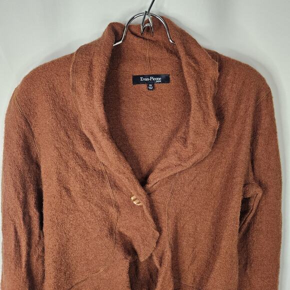 EVAN PICONE Ruffled Wool Cardigan Sweater Medium Petite Brick Rust Brown VNeck - Picture 2 of 6